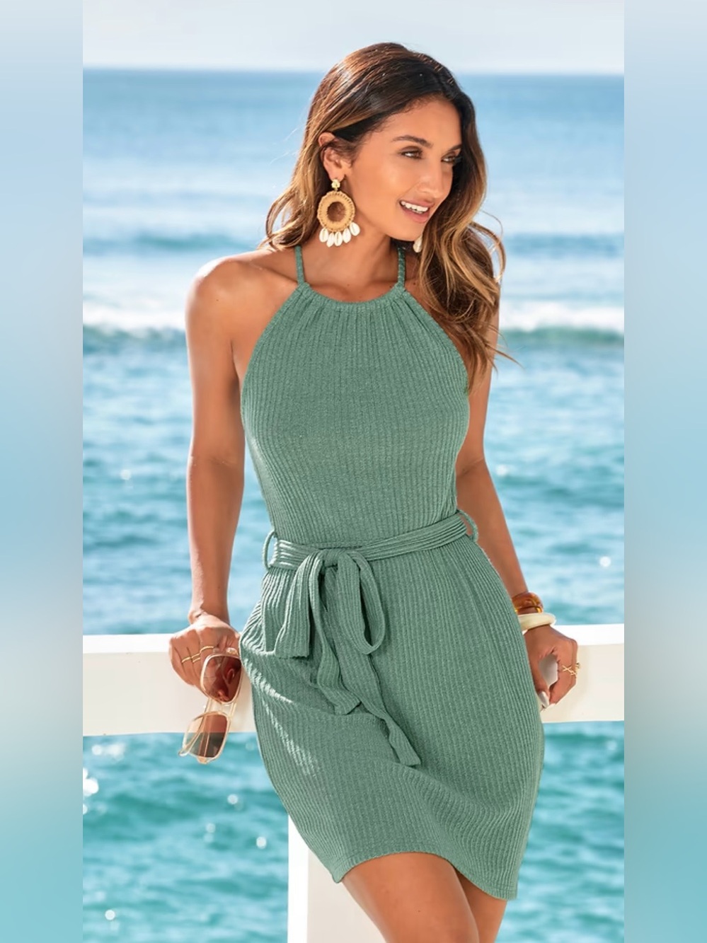 Cupshe Sage Green Knit Halter Tie-Waist Dress